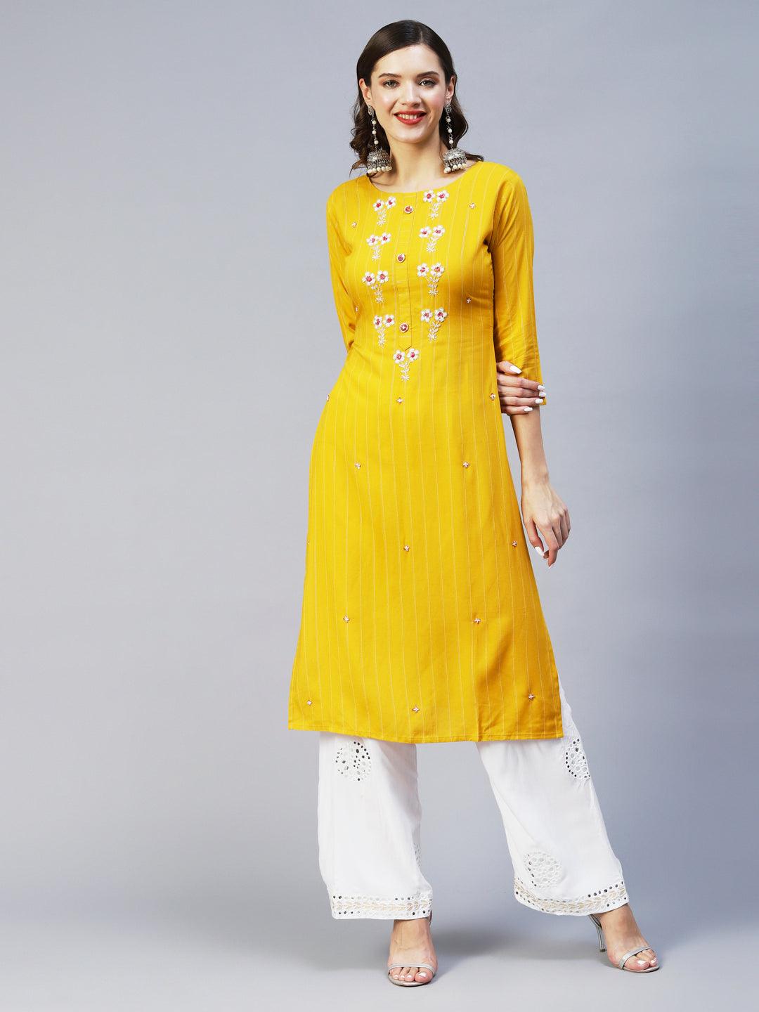 Woven Stripes & Hand Embroidered Straight Fit Kurta – Yellow - Indiakreations