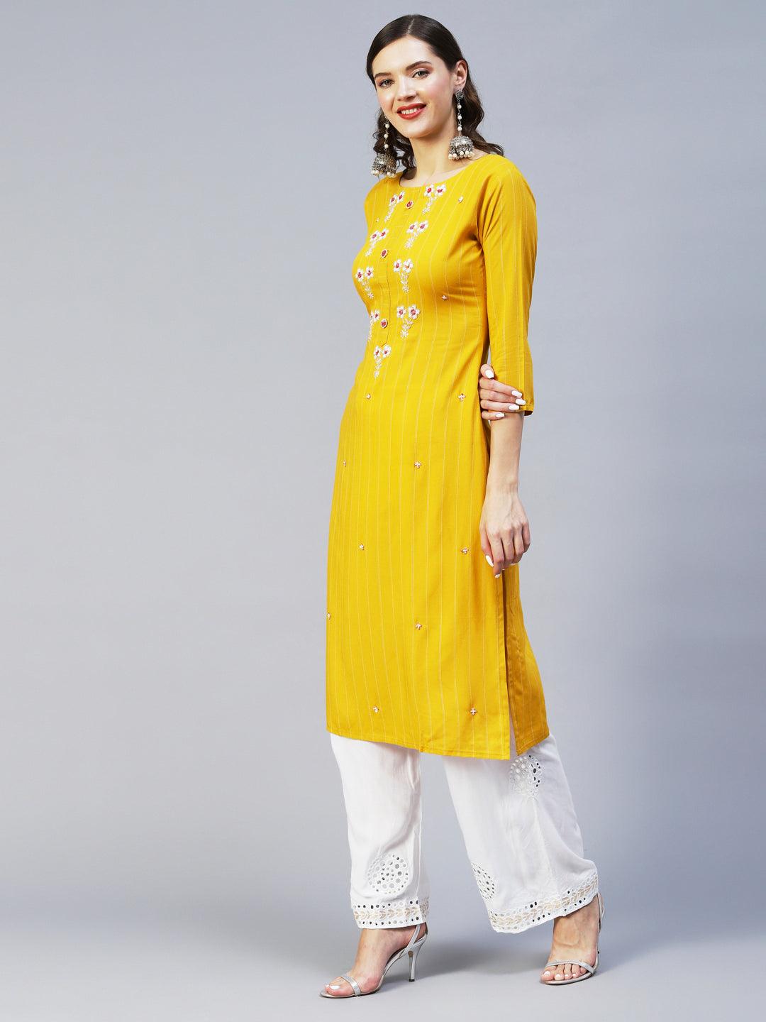 Woven Stripes & Hand Embroidered Straight Fit Kurta – Yellow - Indiakreations