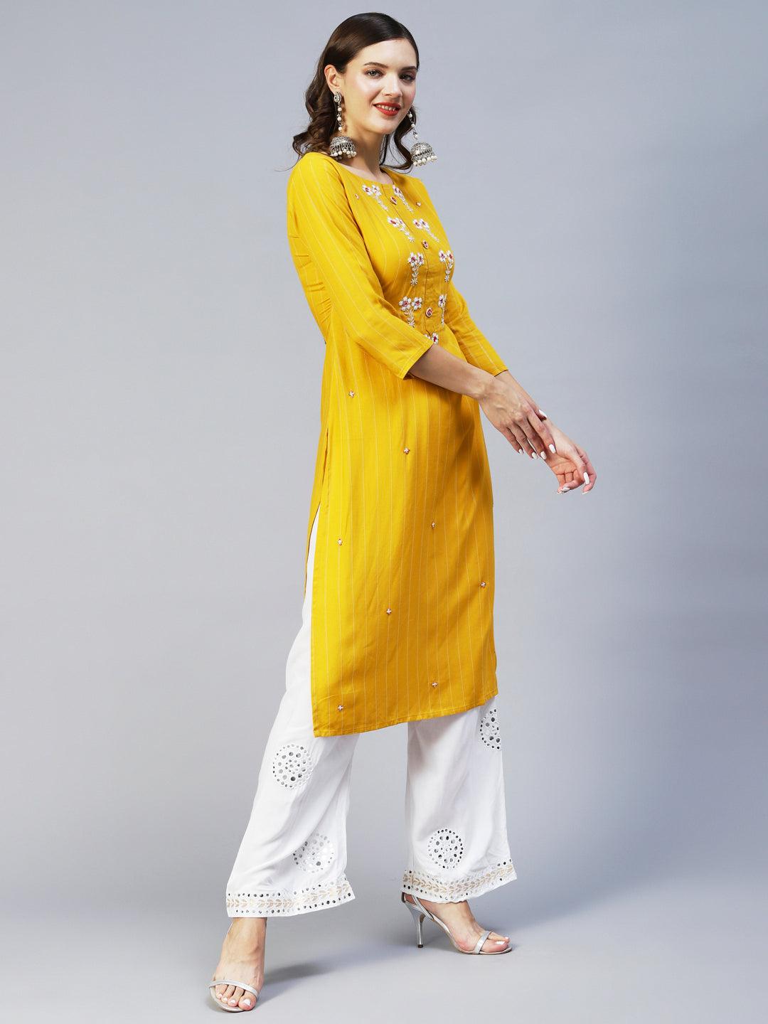 Woven Stripes & Hand Embroidered Straight Fit Kurta – Yellow - Indiakreations