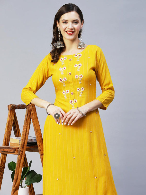 Woven Stripes & Hand Embroidered Straight Fit Kurta – Yellow - Indiakreations