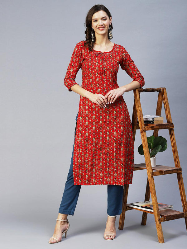 Floral Printed & Embroidered Straight Fit Kurta - Red - Indiakreations