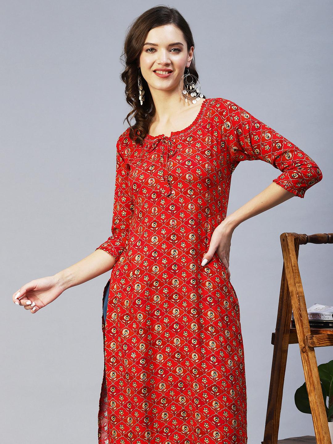 Floral Printed & Embroidered Straight Fit Kurta - Red - Indiakreations