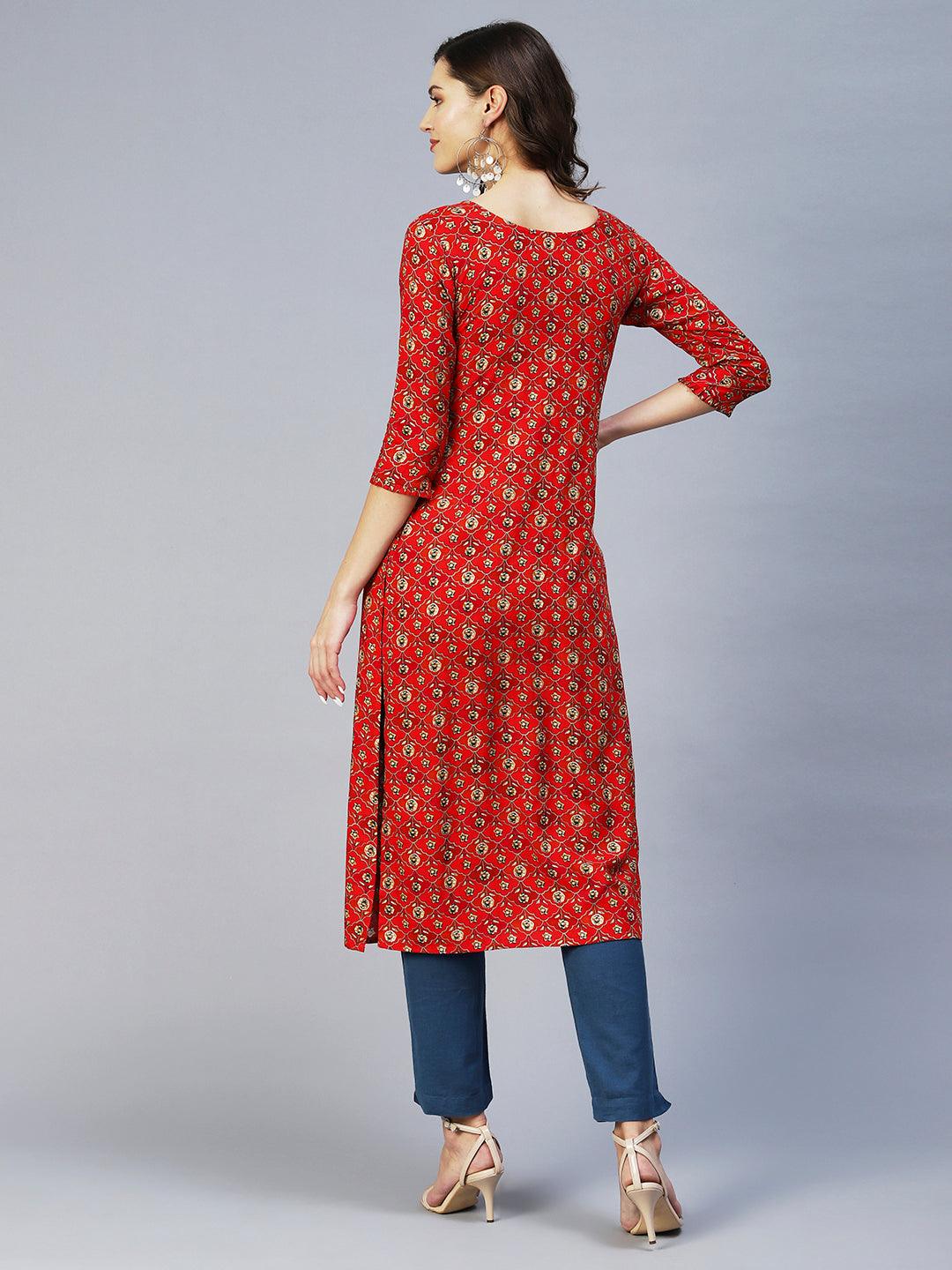 Floral Printed & Embroidered Straight Fit Kurta - Red - Indiakreations