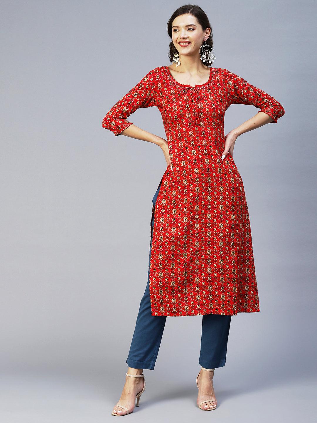 Floral Printed & Embroidered Straight Fit Kurta - Red - Indiakreations