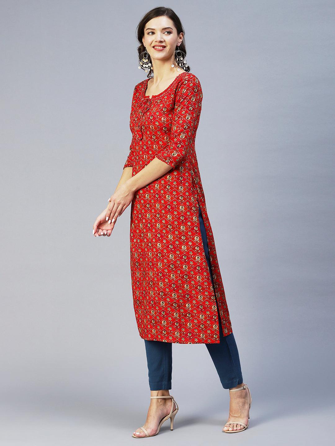 Floral Printed & Embroidered Straight Fit Kurta - Red - Indiakreations