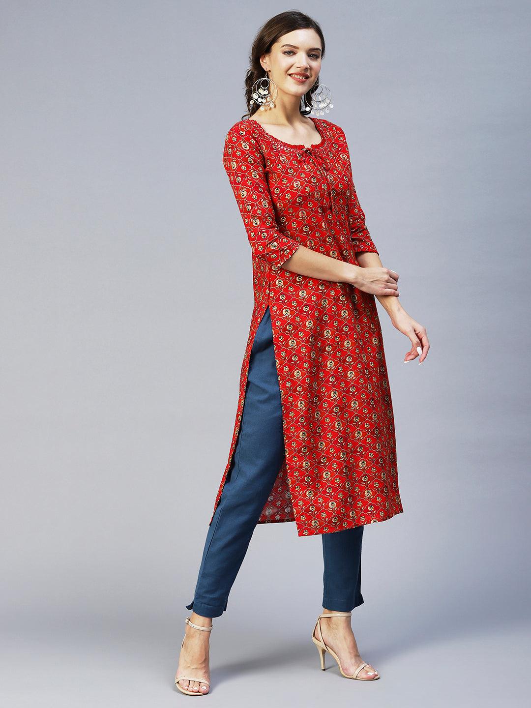 Floral Printed & Embroidered Straight Fit Kurta - Red - Indiakreations