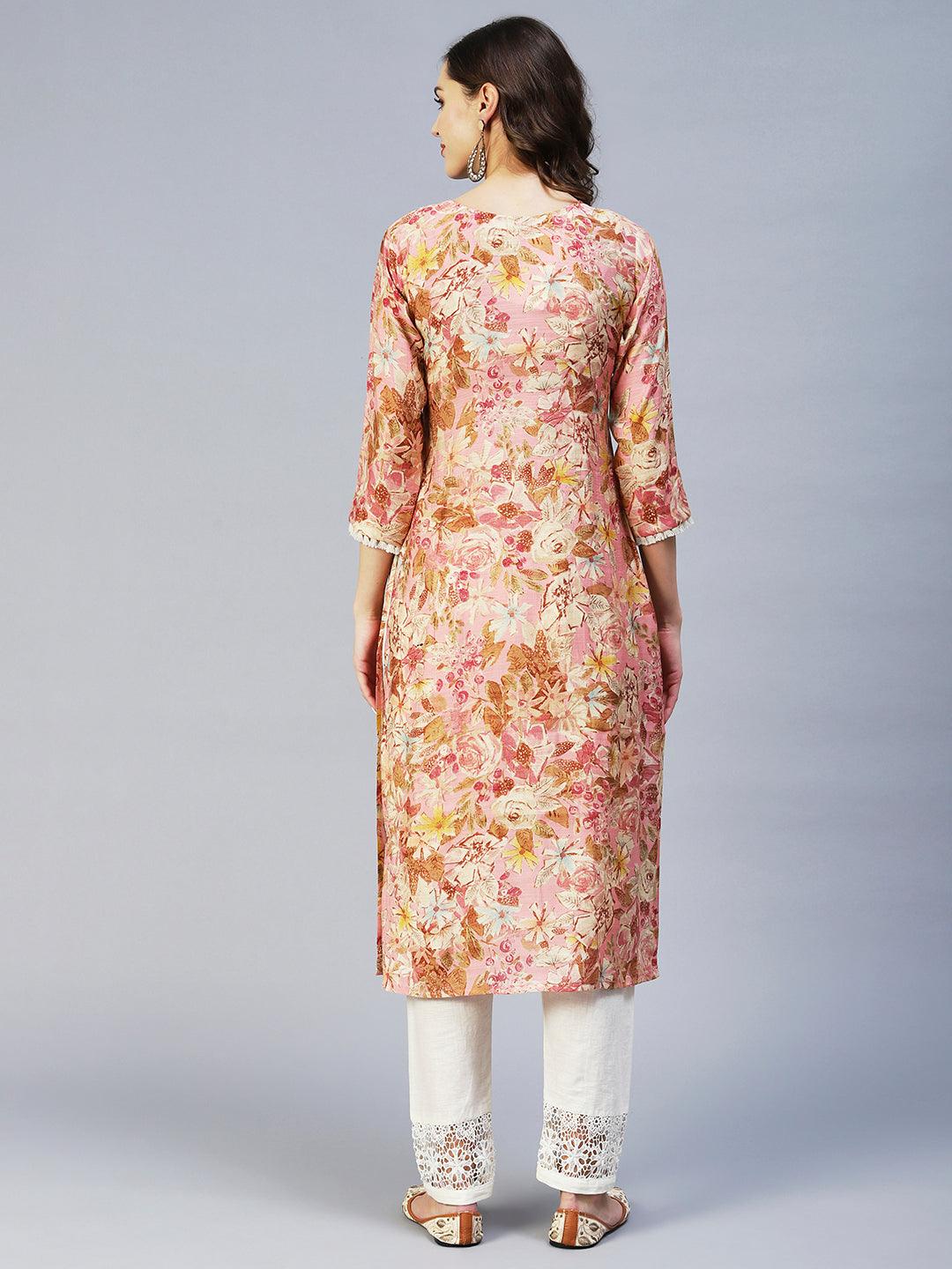 Abstract Floral Printed & Embroidered Straight Fit Kurta - Pink - Indiakreations