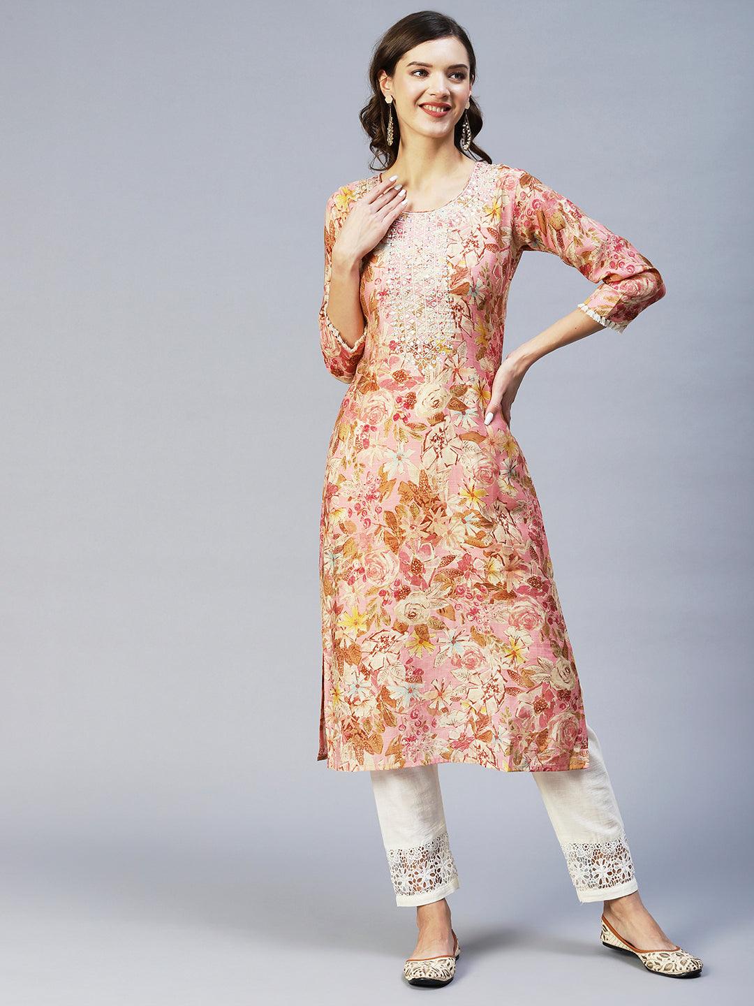 Abstract Floral Printed & Embroidered Straight Fit Kurta - Pink - Indiakreations