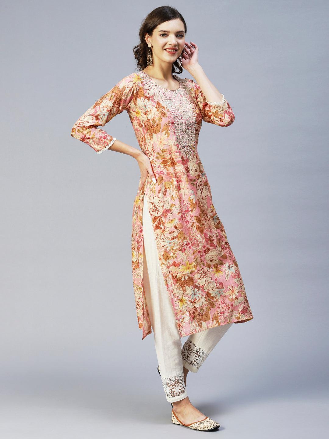 Abstract Floral Printed & Embroidered Straight Fit Kurta - Pink - Indiakreations