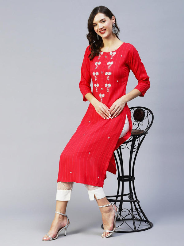 Woven Stripes & Hand Embroidered Straight Fit Kurta - Cherry Red - Indiakreations