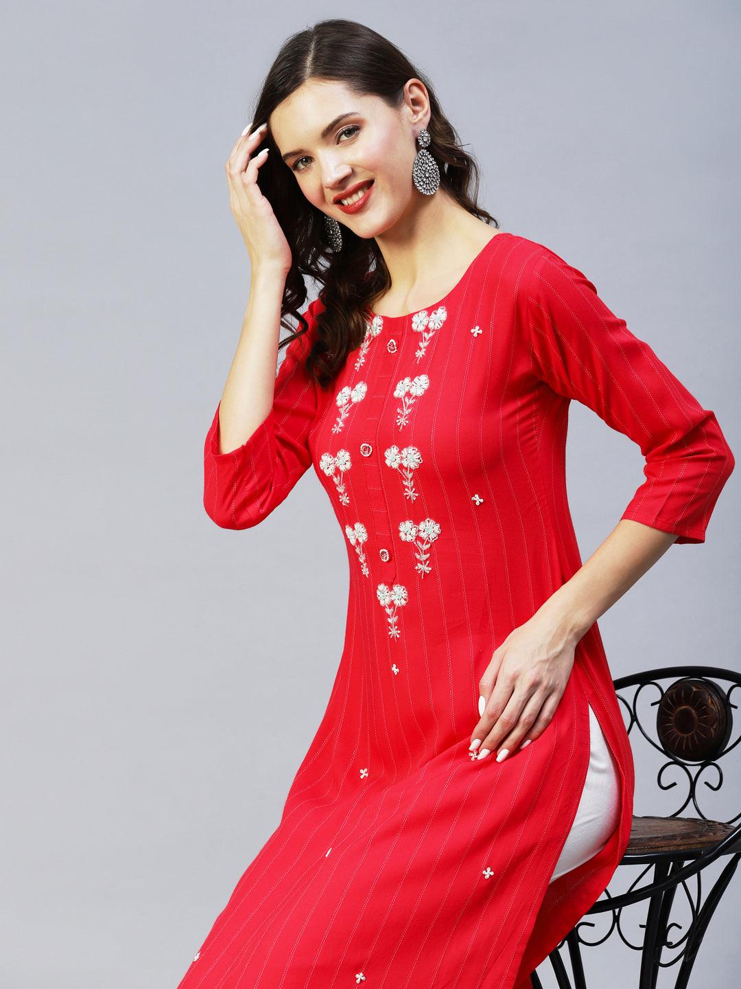 Woven Stripes & Hand Embroidered Straight Fit Kurta - Cherry Red - Indiakreations