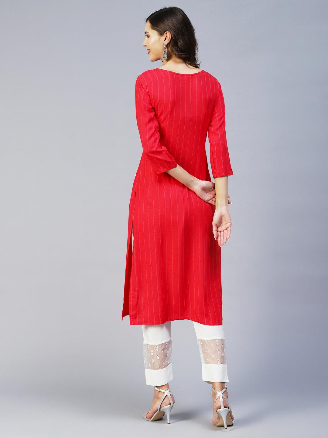 Woven Stripes & Hand Embroidered Straight Fit Kurta - Cherry Red - Indiakreations