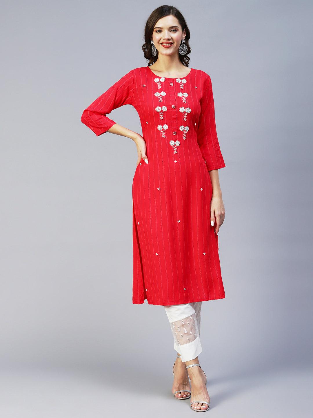 Woven Stripes & Hand Embroidered Straight Fit Kurta - Cherry Red - Indiakreations