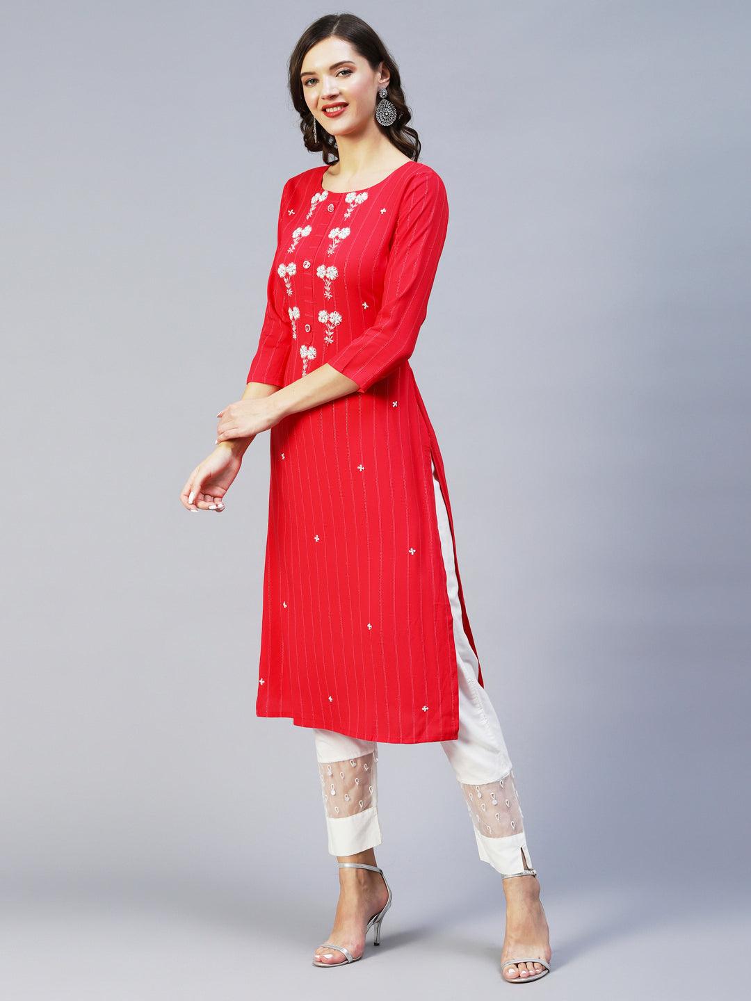 Woven Stripes & Hand Embroidered Straight Fit Kurta - Cherry Red - Indiakreations