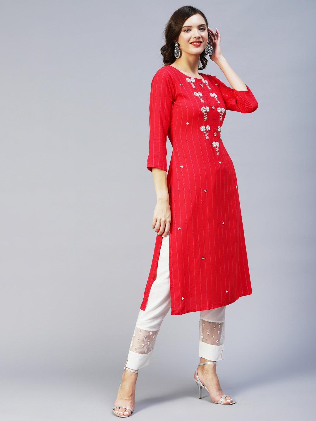 Woven Stripes & Hand Embroidered Straight Fit Kurta - Cherry Red - Indiakreations