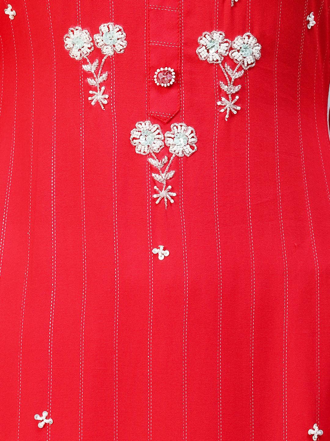 Woven Stripes & Hand Embroidered Straight Fit Kurta - Cherry Red - Indiakreations