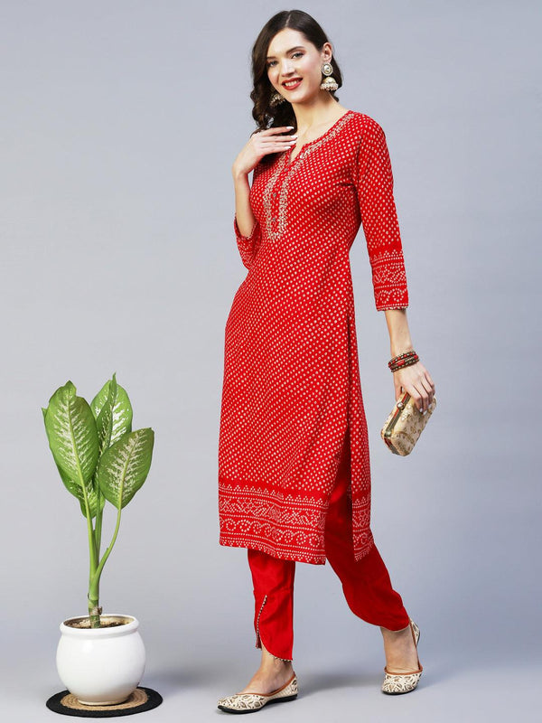 Bandhani Printed & Embroidered Straight Kurta with Pant - Red - Indiakreations