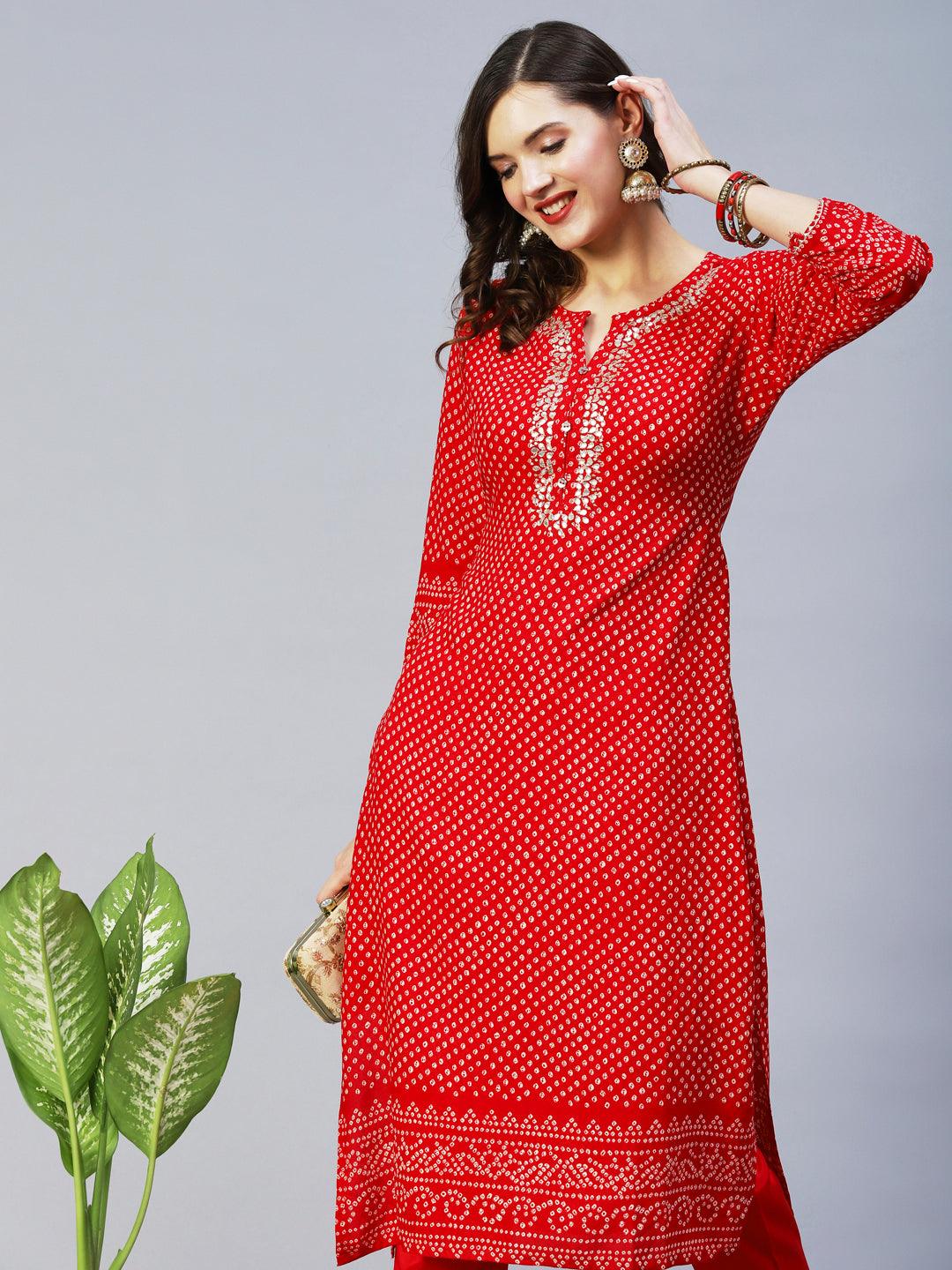 Bandhani Printed & Embroidered Straight Kurta with Pant - Red - Indiakreations