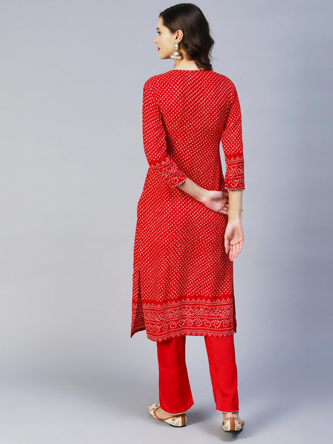 Bandhani Printed & Embroidered Straight Kurta with Pant - Red - Indiakreations