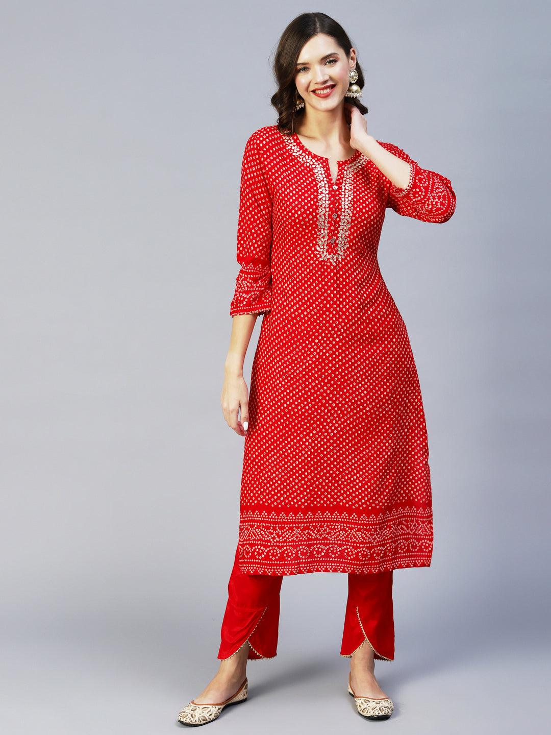 Bandhani Printed & Embroidered Straight Kurta with Pant - Red - Indiakreations