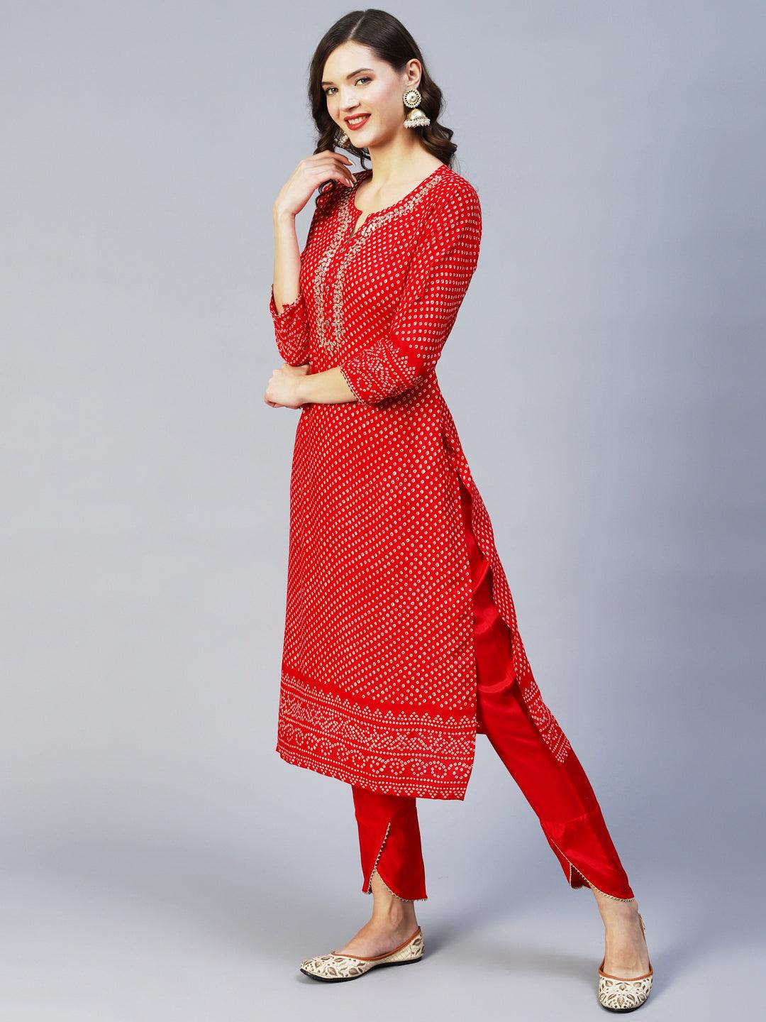 Bandhani Printed & Embroidered Straight Kurta with Pant - Red - Indiakreations