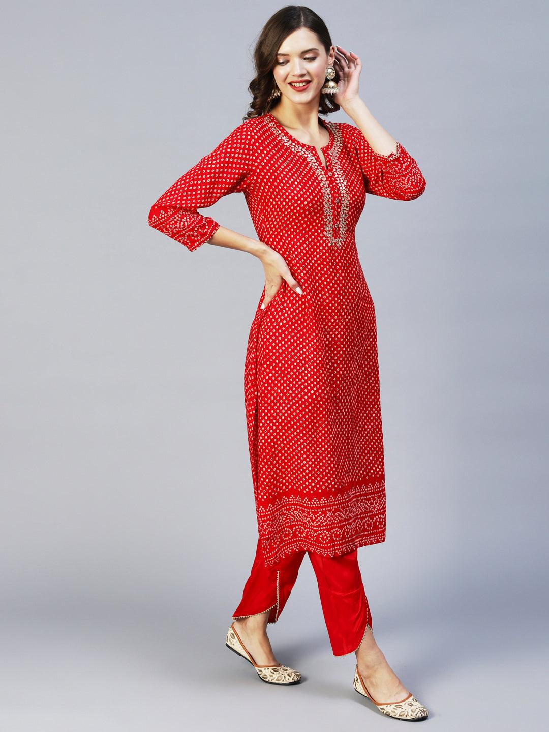 Bandhani Printed & Embroidered Straight Kurta with Pant - Red - Indiakreations