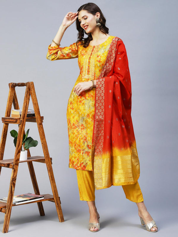 Ethnic Printed & Embroidered Straight Fit Kurta & Dupatta - Yellow - Indiakreations