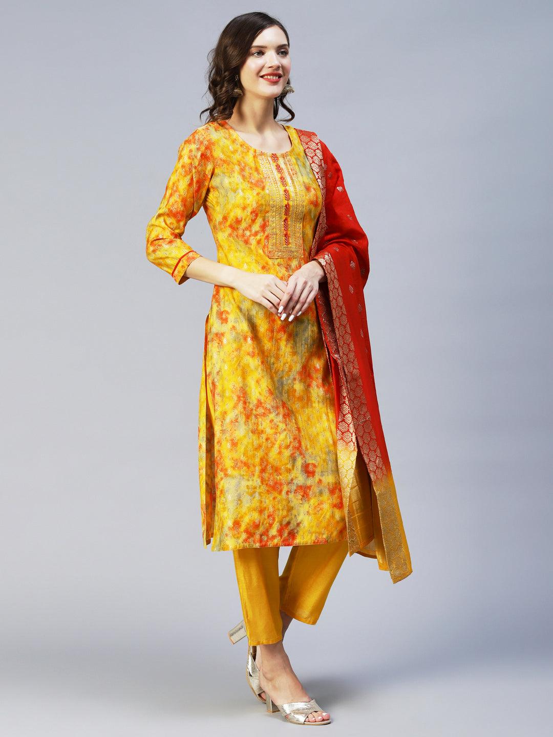 Ethnic Printed & Embroidered Straight Fit Kurta & Dupatta - Yellow - Indiakreations