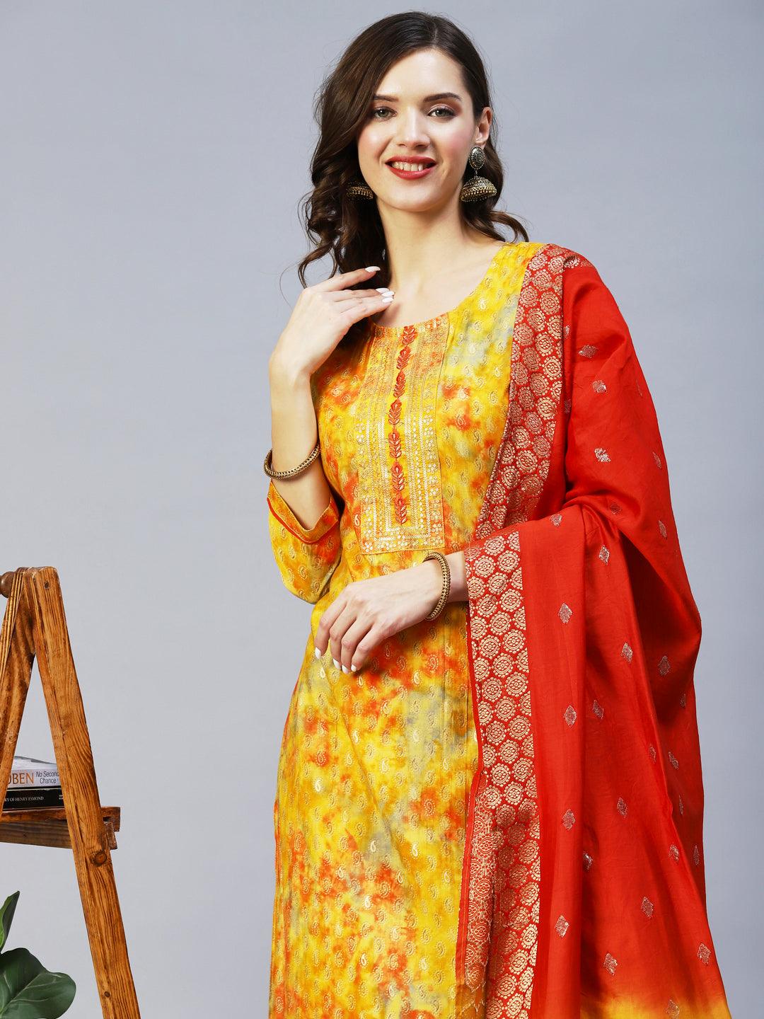 Ethnic Printed & Embroidered Straight Fit Kurta & Dupatta - Yellow - Indiakreations