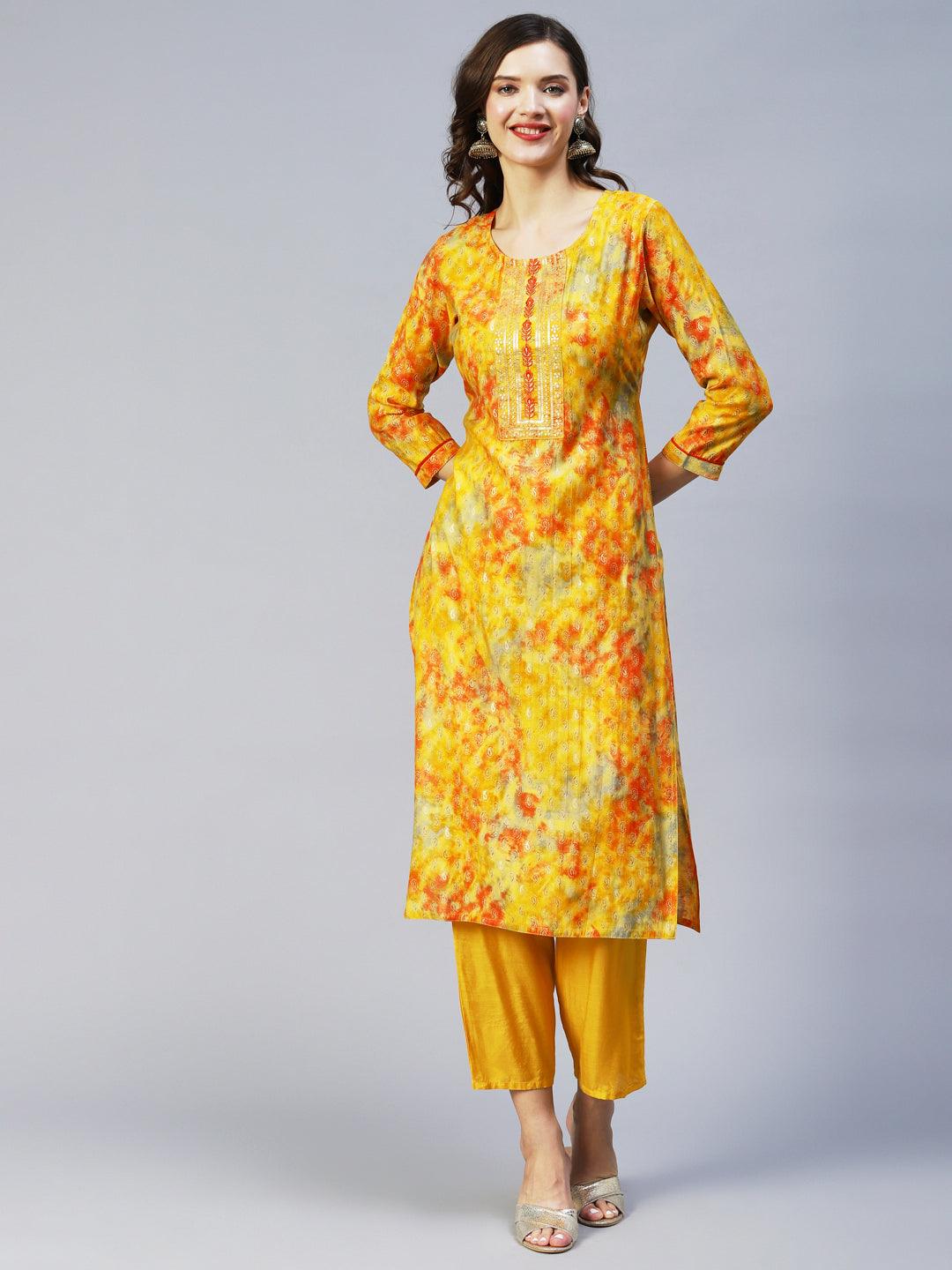 Ethnic Printed & Embroidered Straight Fit Kurta & Dupatta - Yellow - Indiakreations