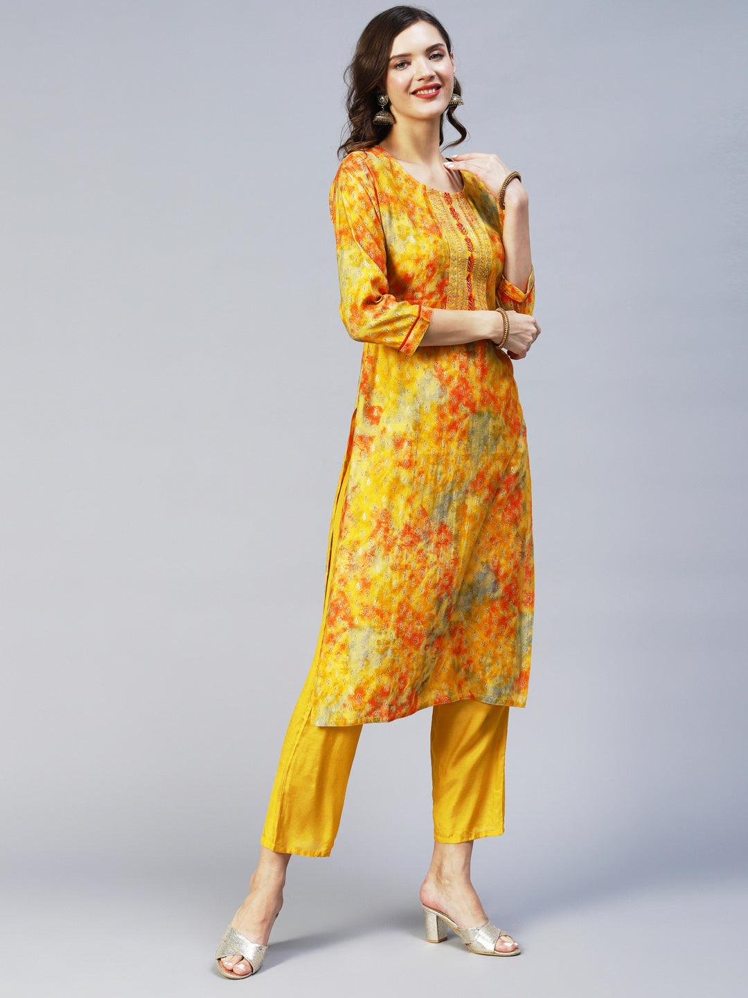 Ethnic Printed & Embroidered Straight Fit Kurta & Dupatta - Yellow - Indiakreations