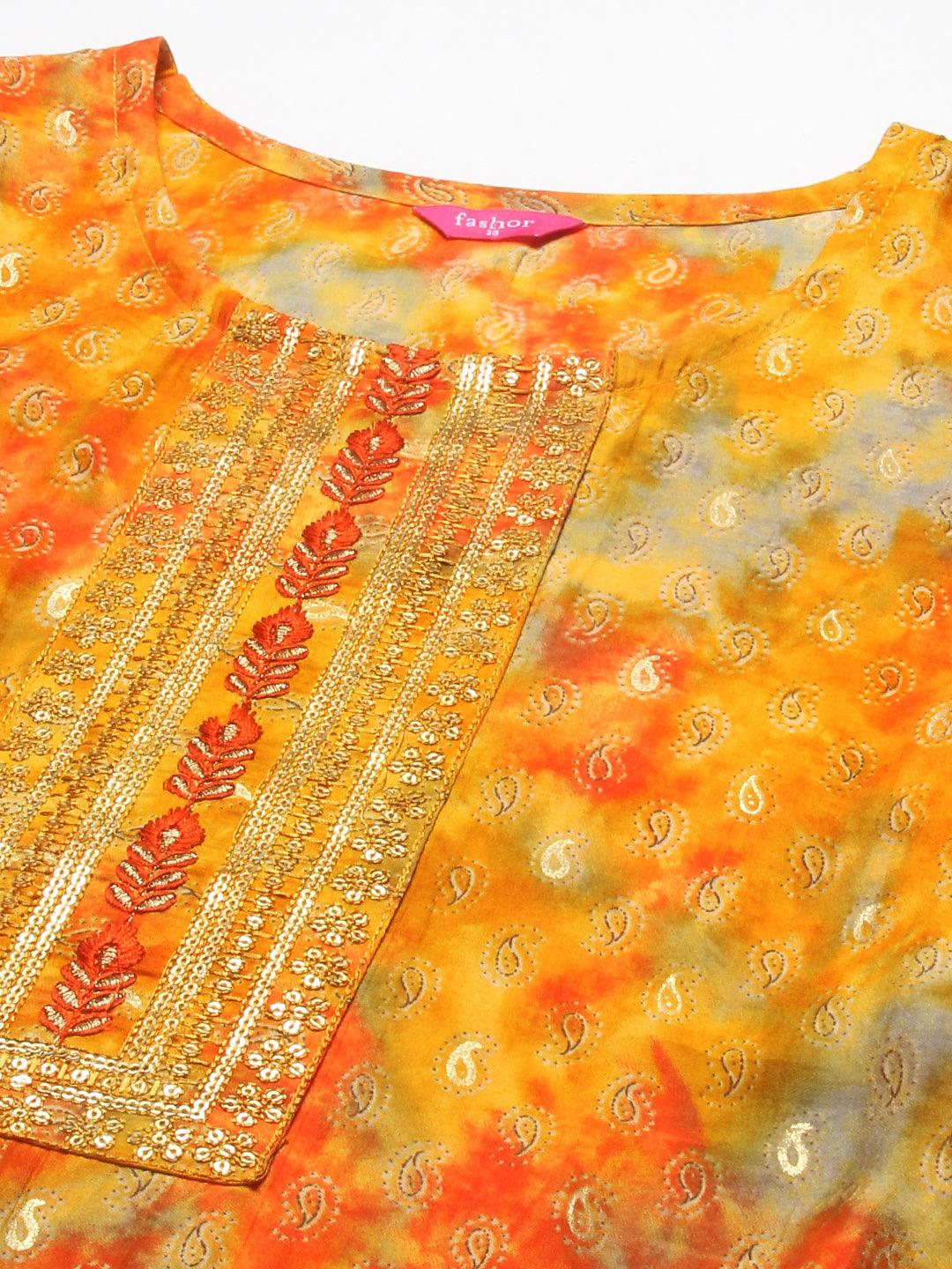 Ethnic Printed & Embroidered Straight Fit Kurta & Dupatta - Yellow - Indiakreations