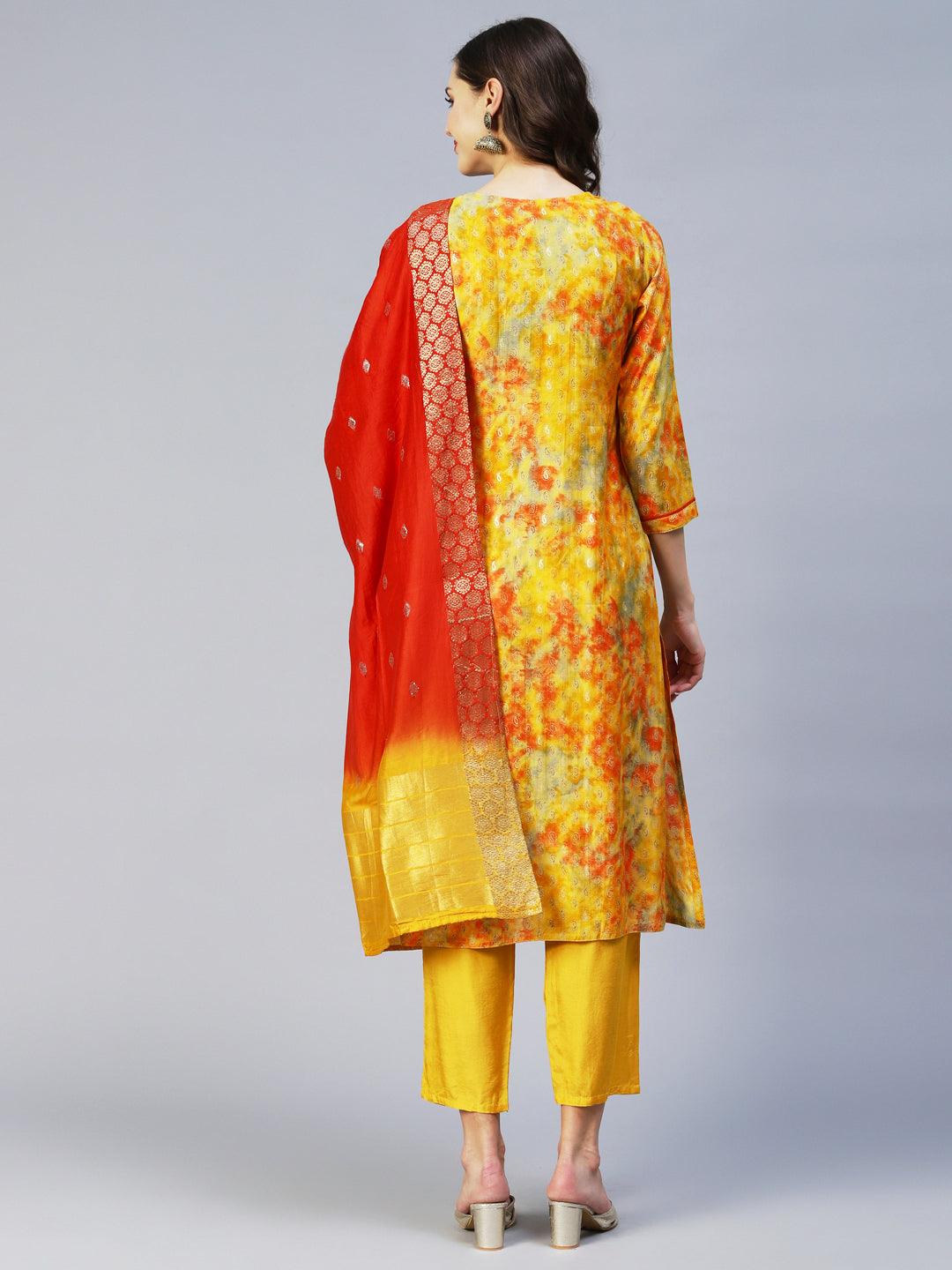 Ethnic Printed & Embroidered Straight Fit Kurta & Dupatta - Yellow - Indiakreations