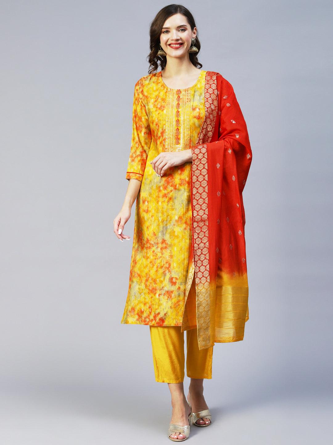 Ethnic Printed & Embroidered Straight Fit Kurta & Dupatta - Yellow - Indiakreations