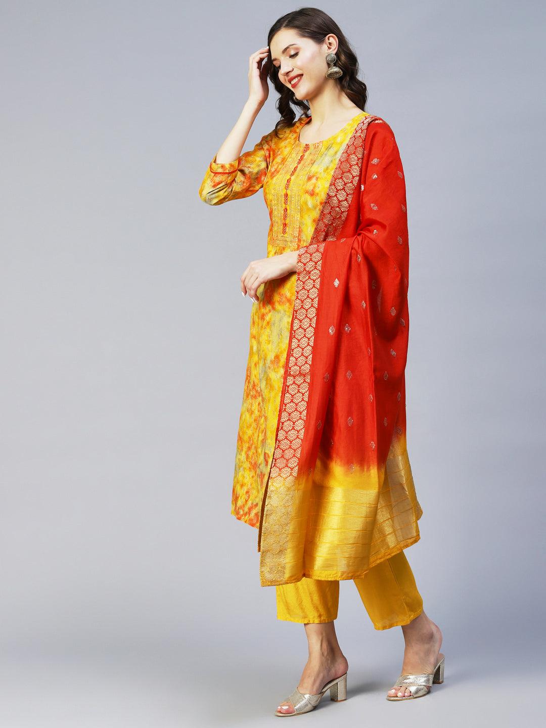 Ethnic Printed & Embroidered Straight Fit Kurta & Dupatta - Yellow - Indiakreations