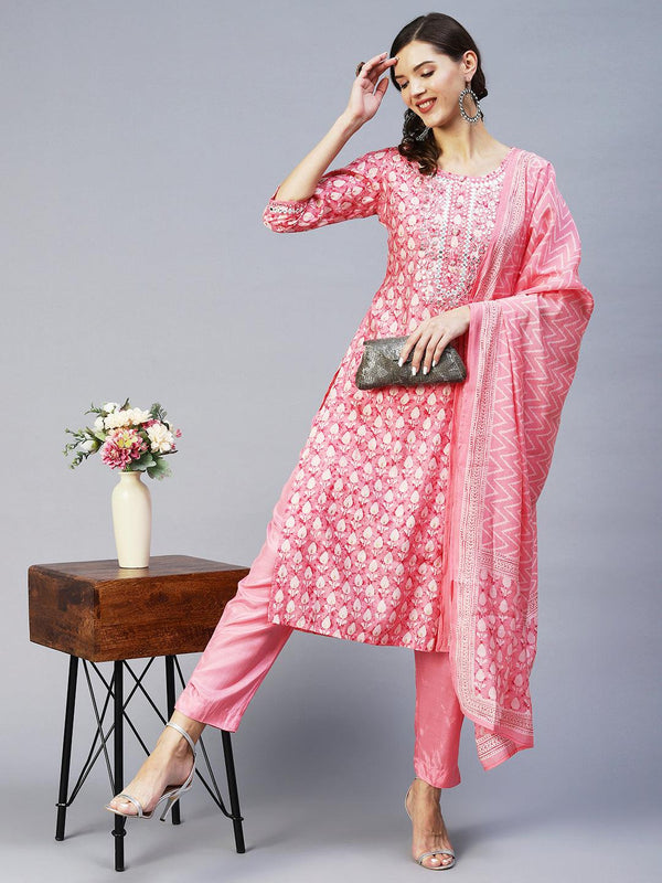 Ethnic Printed & Embroidered Straight Kurta with Pant & Dupatta - Pink - Indiakreations