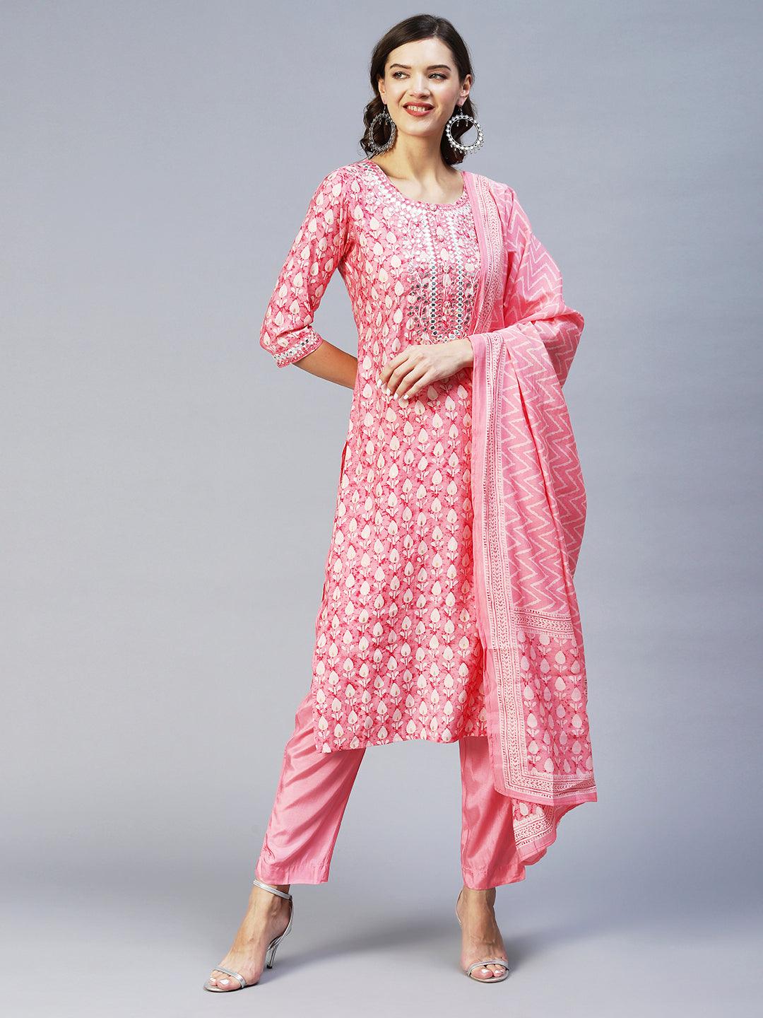 Ethnic Printed & Embroidered Straight Kurta with Pant & Dupatta - Pink - Indiakreations