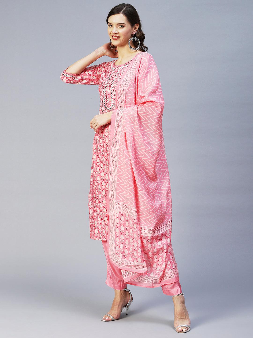 Ethnic Printed & Embroidered Straight Kurta with Pant & Dupatta - Pink - Indiakreations