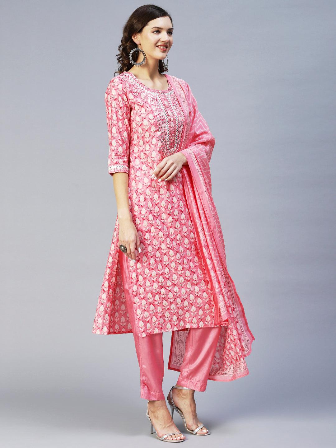 Ethnic Printed & Embroidered Straight Kurta with Pant & Dupatta - Pink - Indiakreations