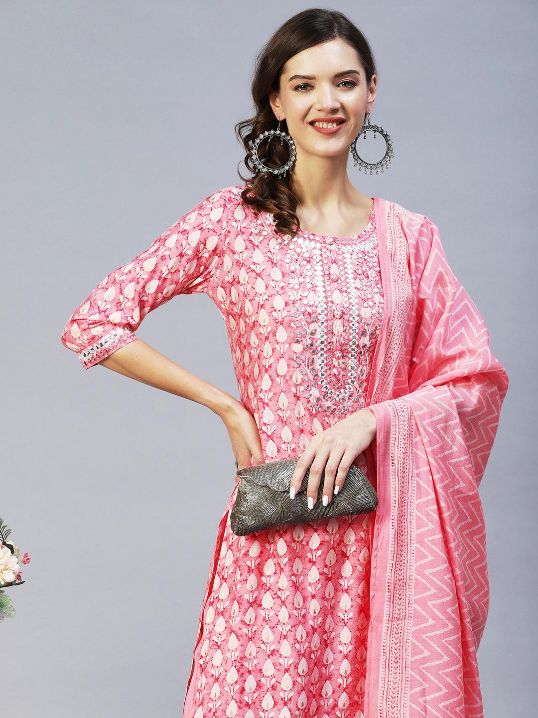 Ethnic Printed & Embroidered Straight Kurta with Pant & Dupatta - Pink - Indiakreations