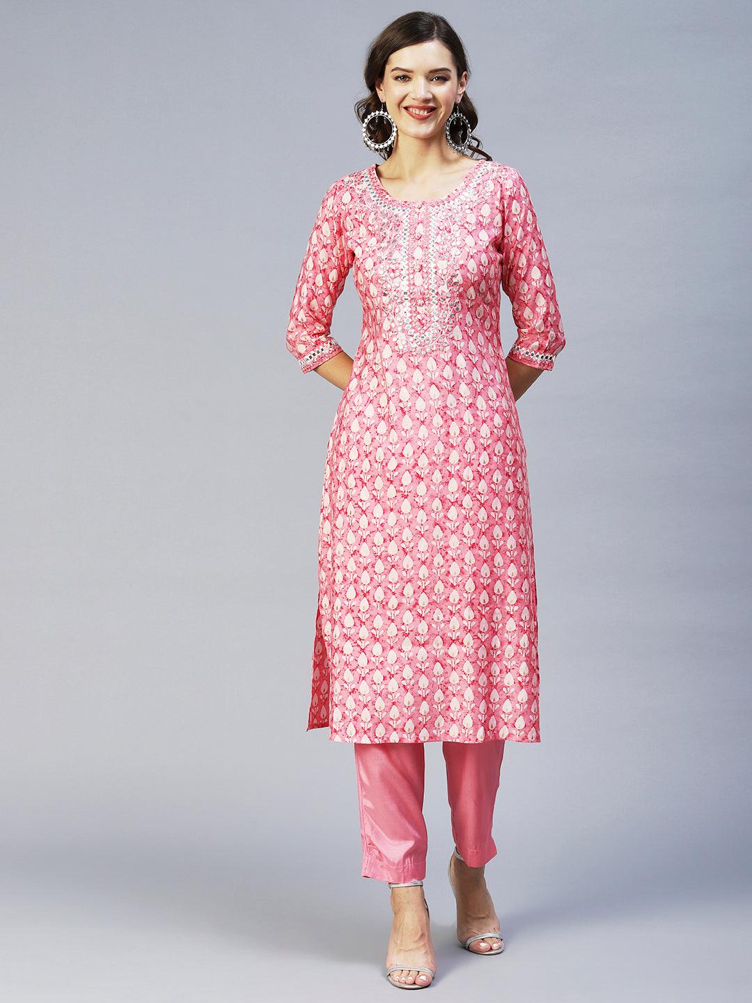 Ethnic Printed & Embroidered Straight Kurta with Pant & Dupatta - Pink - Indiakreations