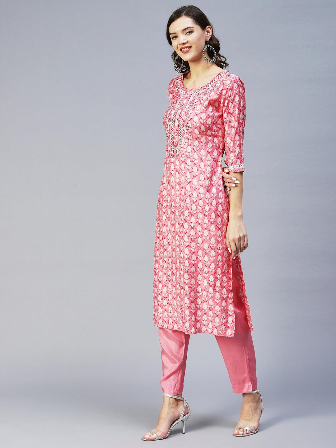 Ethnic Printed & Embroidered Straight Kurta with Pant & Dupatta - Pink - Indiakreations