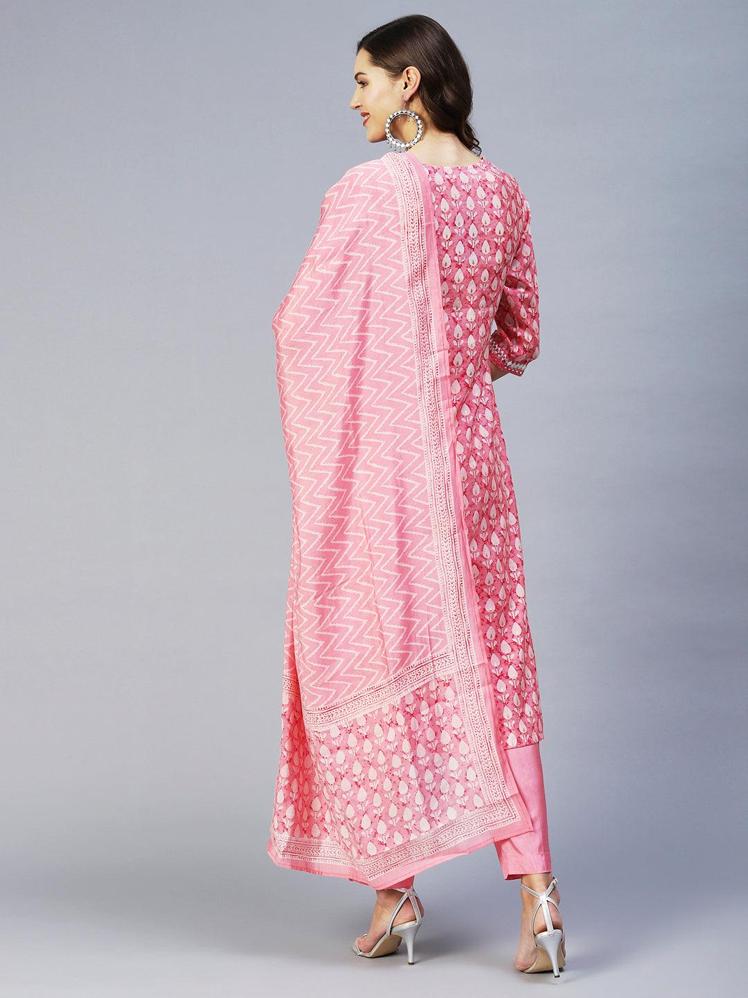 Ethnic Printed & Embroidered Straight Kurta with Pant & Dupatta - Pink - Indiakreations