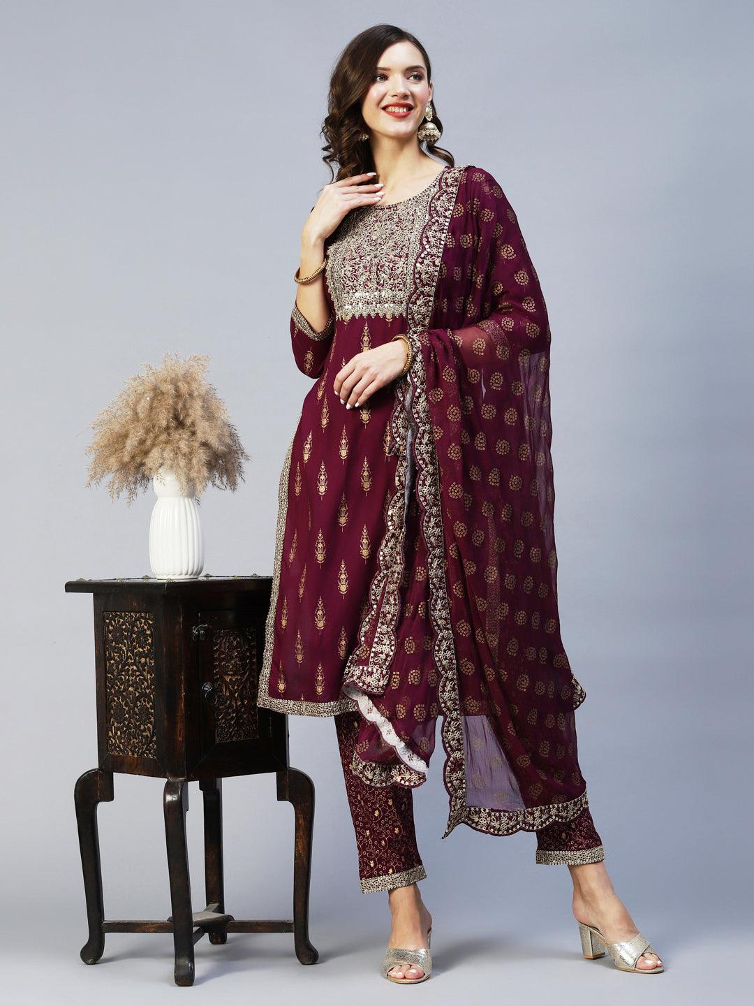 Ethnic Printed & Embroidered Kurta with Pant & Dupatta - Wine - Indiakreations