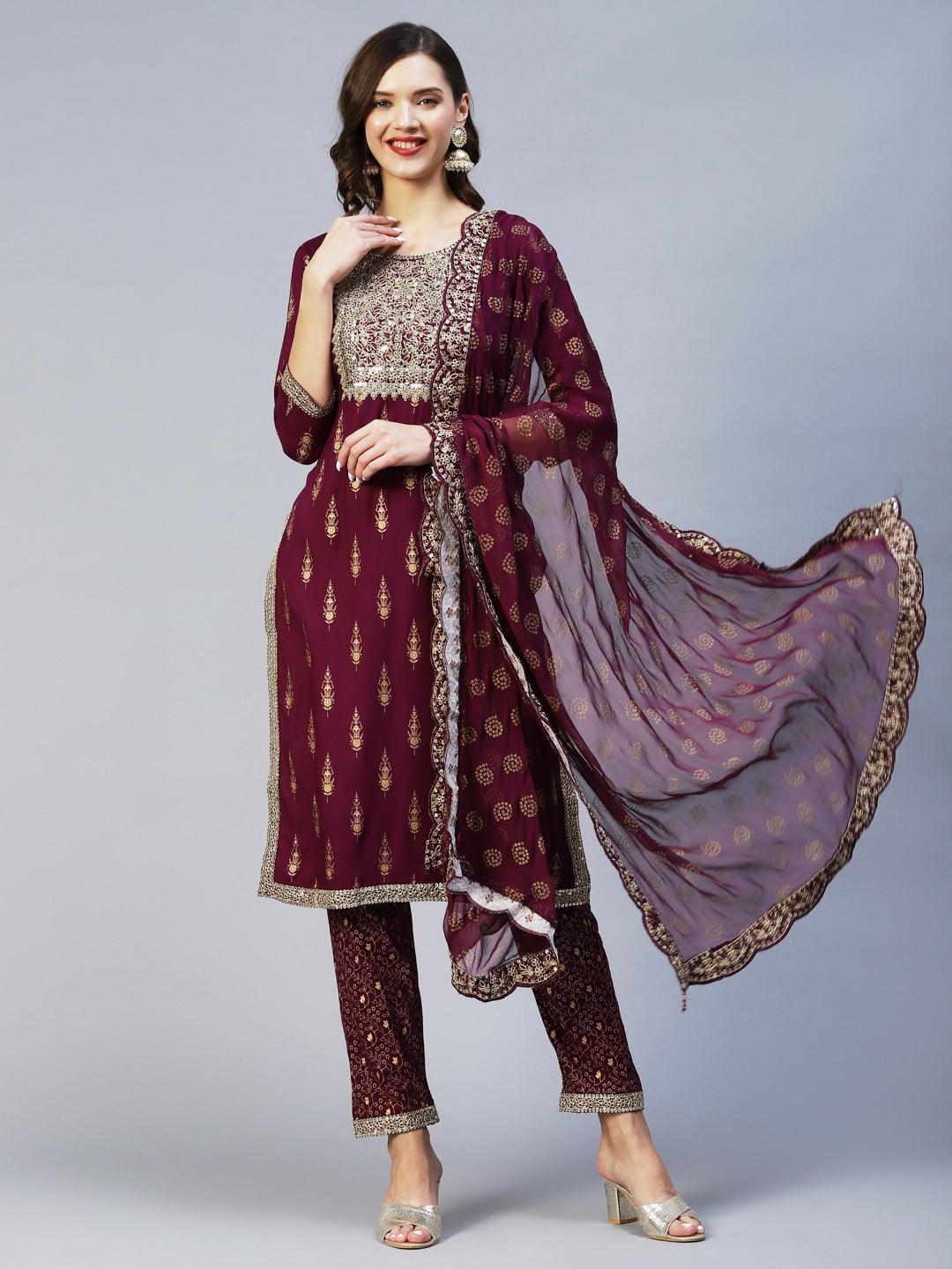 Ethnic Printed & Embroidered Kurta with Pant & Dupatta - Wine - Indiakreations