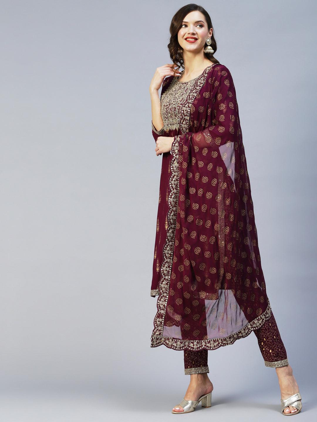 Ethnic Printed & Embroidered Kurta with Pant & Dupatta - Wine - Indiakreations