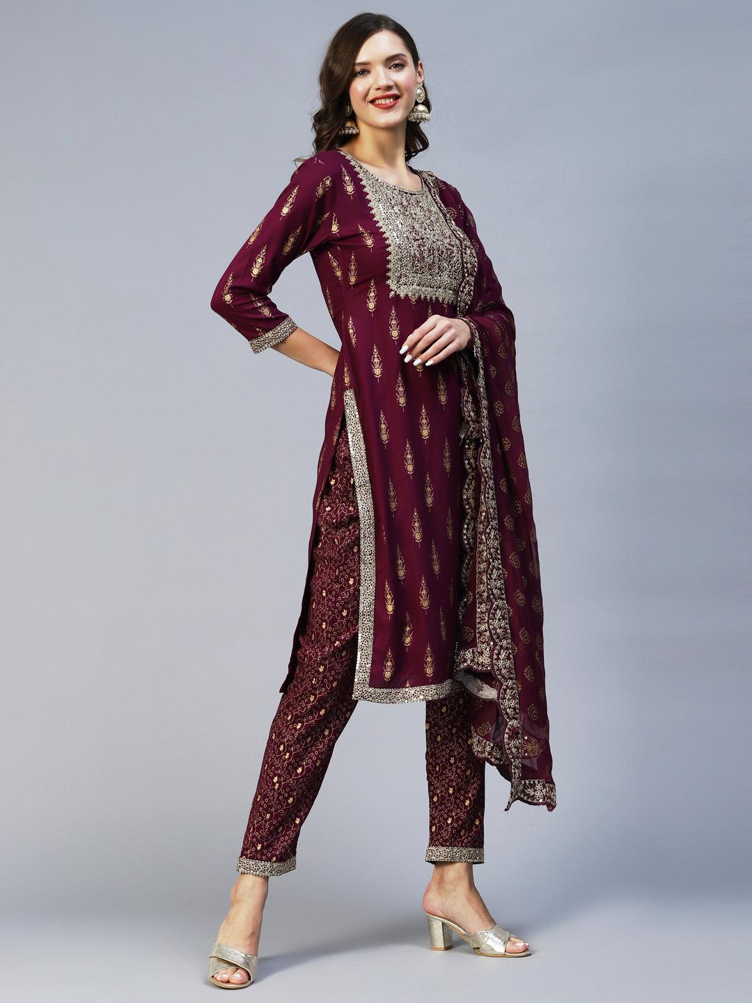 Ethnic Printed & Embroidered Kurta with Pant & Dupatta - Wine - Indiakreations