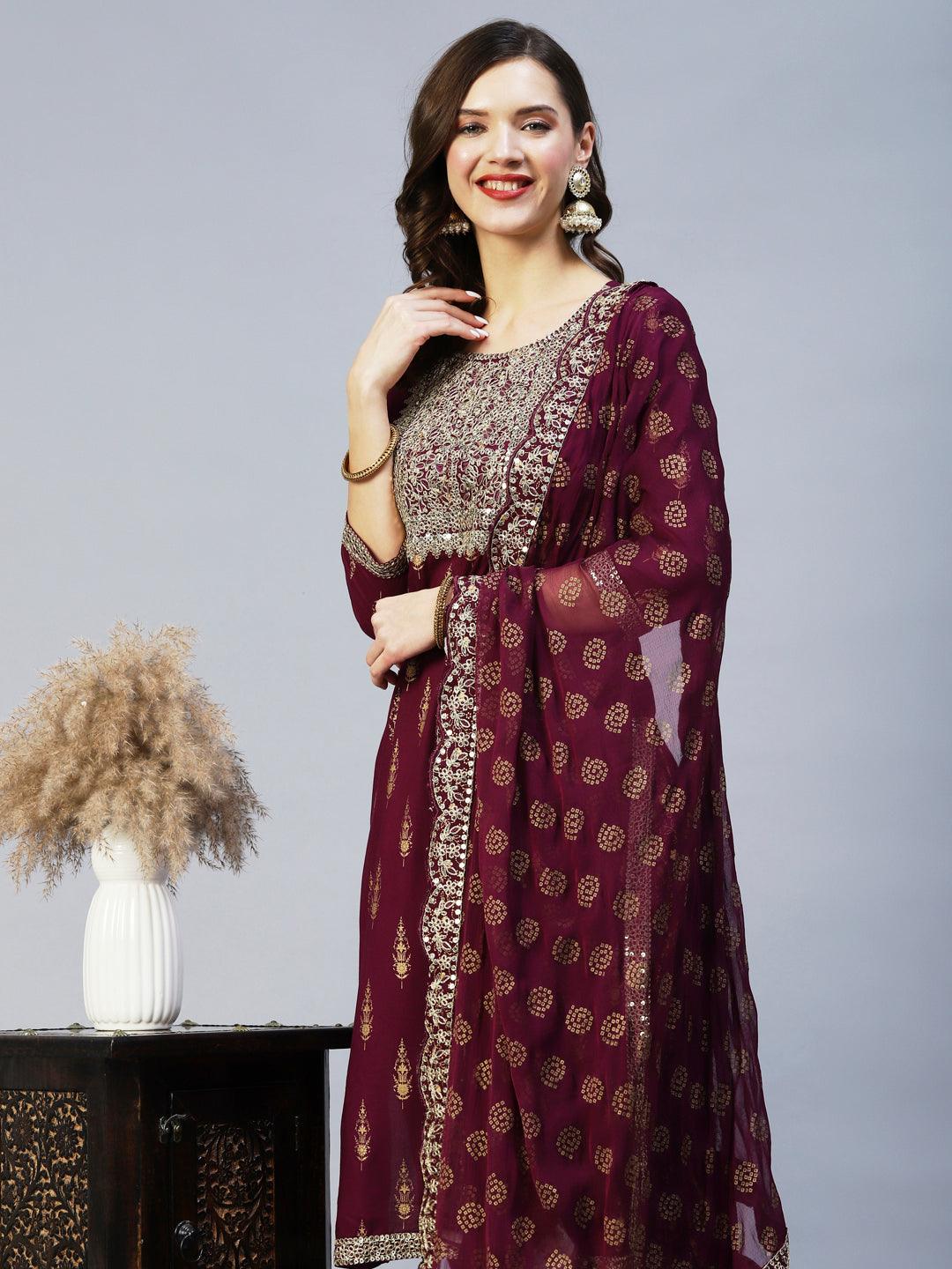 Ethnic Printed & Embroidered Kurta with Pant & Dupatta - Wine - Indiakreations