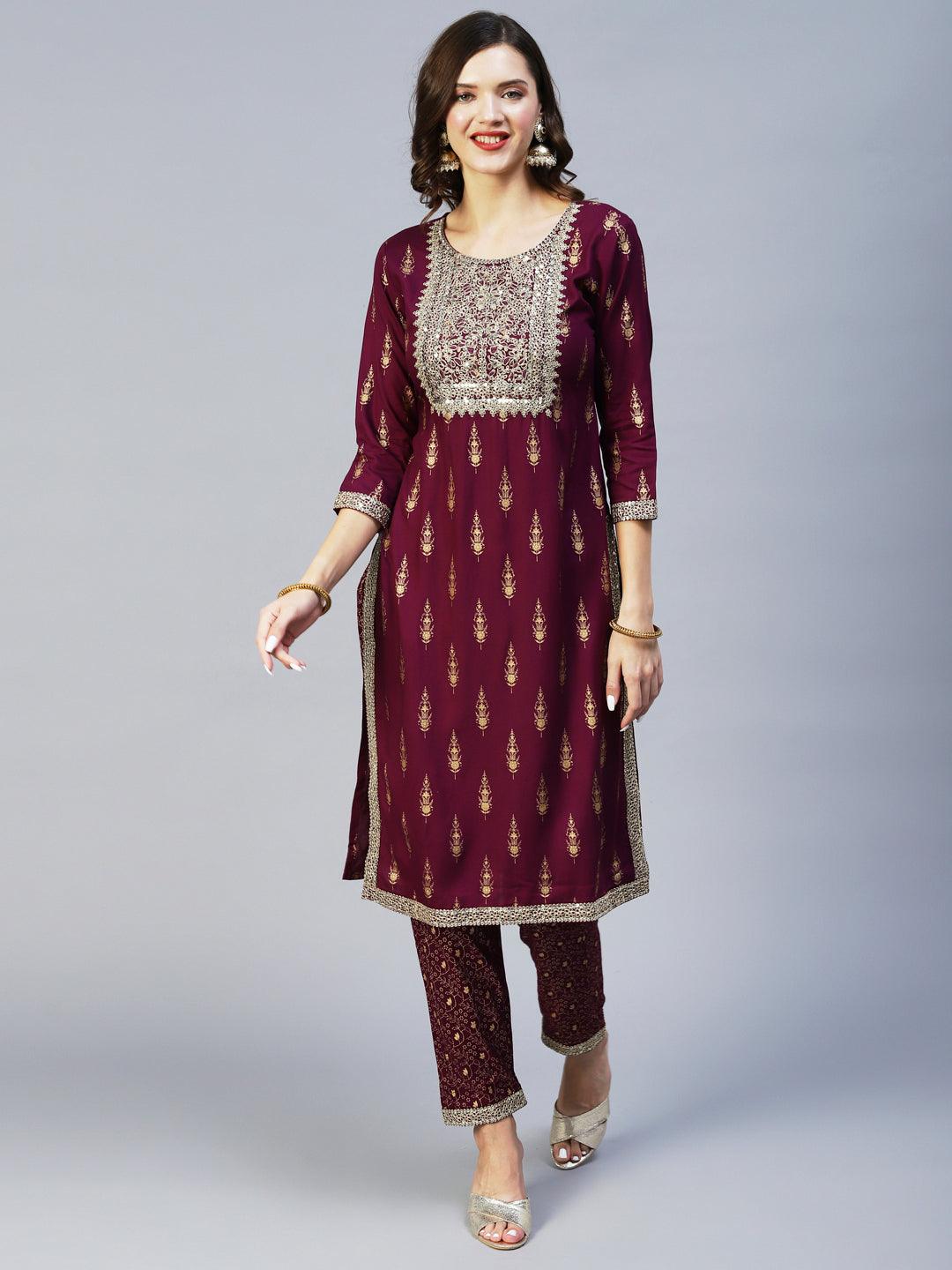 Ethnic Printed & Embroidered Kurta with Pant & Dupatta - Wine - Indiakreations