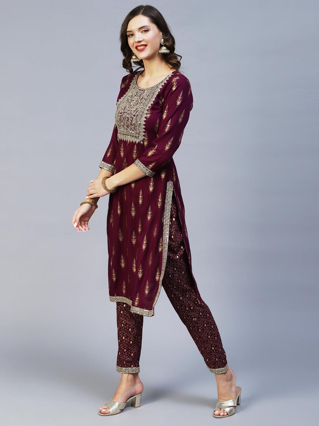 Ethnic Printed & Embroidered Kurta with Pant & Dupatta - Wine - Indiakreations